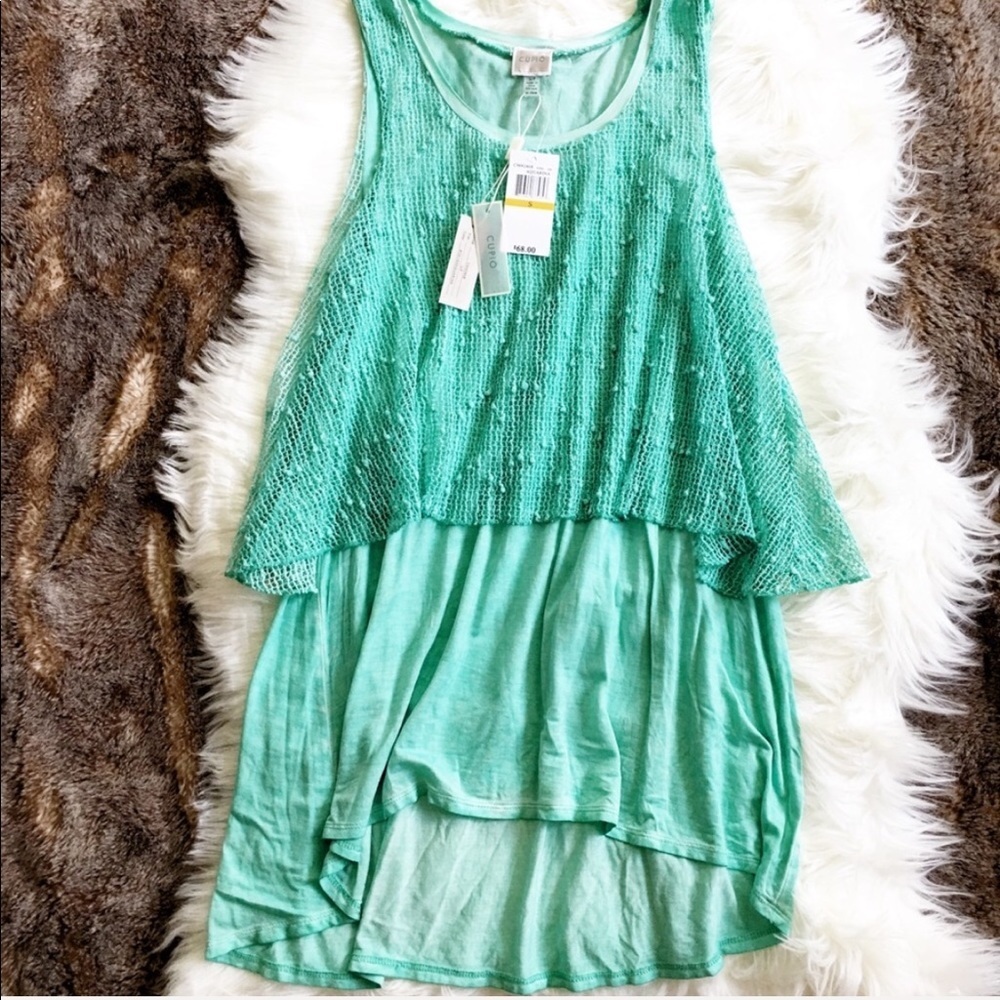 Cupio Aquamarine Blue Green Tropical Layered Sequin Blouse Tunic - Picture 5 of 8